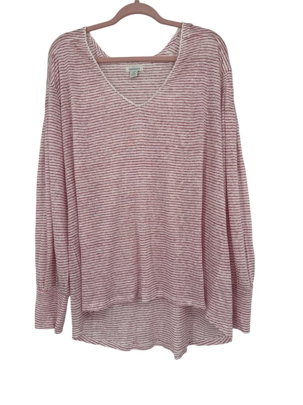 Sundance Womens Red & White 100% Linen Striped V-Neck Long Sleeve Top XL knit